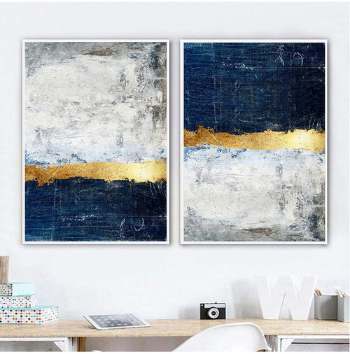 Abstract Gold Foil Block Painting Blue Print Modern Golden Wall Art Picture for Living Room Navy Decor 40x60cm2pcs Frameless