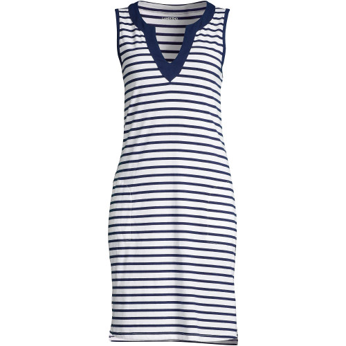 Lands' End Womens Cotton Jersey Sleeveless Cover-up Dress Colorblock White/deep Sea Stripe Regular Medium