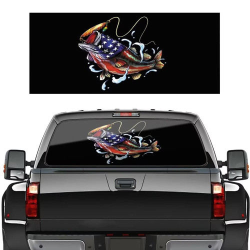 Striped Bass Truck Rear Window Decal, American Flag Car Back Window Decal Sticker Perfortated See Through Graphics Tint Print Trucks, SUV, Cars, Universal, 66''x20''