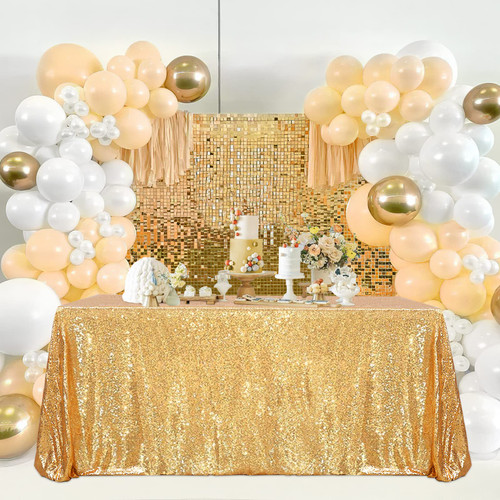SoarDream Gold Sequin Tablecloth 90x132 Inches Rectangle Seamless Glitter Table Linen for Wedding Party Birthday Decorations