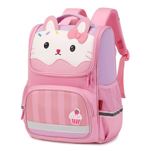 ASKSKY Kids Backpack for Girls, Kawaii Cartoon School Backpack Wide Open Bookbag for 5-10 years old with Reflective Strip, Purple Kitty