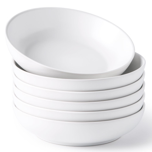AmorArc 8.5 Inch Stoneware Pasta Bowls, 32oz Large Bowls Set of 6 for Kitchen, Wide Bowls for Pasta,Salad,Oatmeal, Microwave&Dishwasher Safe, Matte White