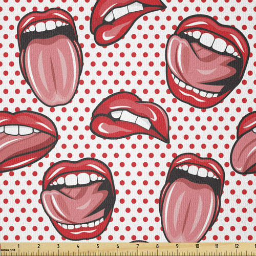 Lunarable Modern Fabric by The Yard, Pop Art Style Kiss Woman Lips Mouth on Polka Dots Vintage Graphic Print, Stretch Knit Fabric for Clothing Sewing and Arts Crafts, 3 Yards, White Coral