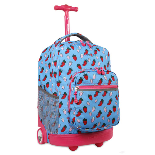 J World New York Sunrise Kids Rolling Backpack for Girls Boys Teen. Roller Bookbag with Wheels, Strawberry, 18"