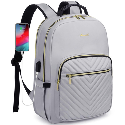 LOVEVOOK Laptop Backpack Purse for Women, Work Business Travel Computer Bags, College Nurse Backpack for Womens, Quilted Casual Daypack with USB Port, Fit 15.6 Inch Laptop, Grey