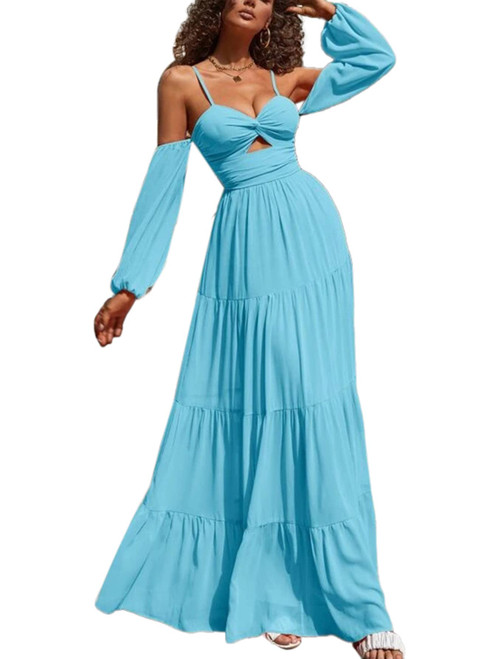 LYANER Women's Puff Long Sleeve Strappy Cut Out Front Flowy Swing Cami Maxi Dress Light Blue Medium