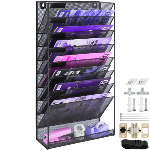 HMXLJJY 9 Tier Mesh Hanging Wall File Organizer Vertical Mount for Papers, Folders, Files Clipboard & Magazine Organization,Mail Organizer Wall File Holder,Great for Home Office(Black)