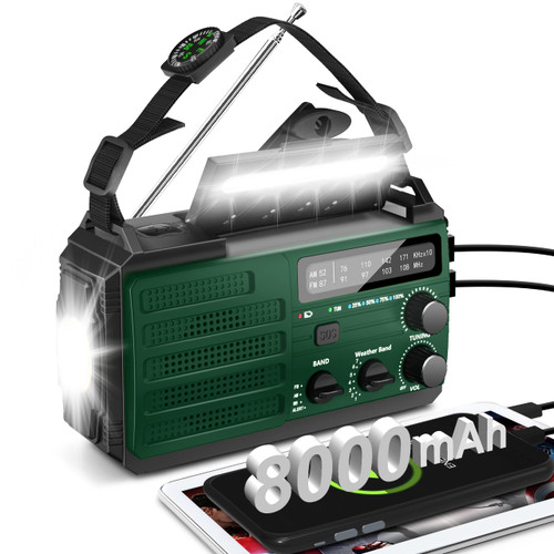 Emergency Radio, 8000mAh Hand Crank Radio, AM FM NOAA Weather Alert Radio, Solar Radio, 3-Mode Flashlight, Reading Lamp, SOS Alarm, Phone Charger for Hurricane and Emergency