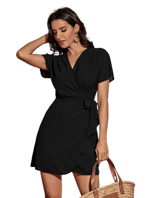 WDIRARA Women's V Neck Wrap Hem A Line Dress Short Sleeve Tie Waist Mini Dresses Black S