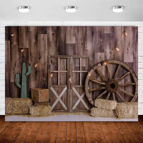 Western Cowboy Large Backdrop Western Theme Party Supplies Decorations Wild West Rustic Wooden House Barn Door Cactus Kids Boy Child Birthday Baby Shower Reunion Party Background Banner Prop 10x6.5ft