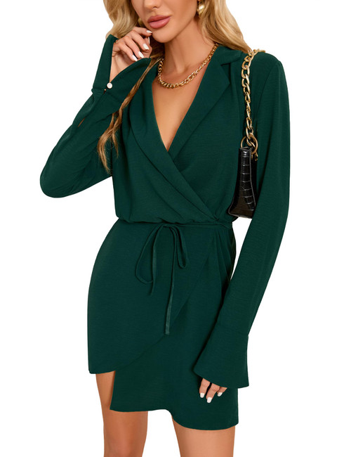 Women's Long Sleeve V Neck Mini Wrap Dress Belted Split Business Casual Work Short Shirt Blazer Dress Dark Green M