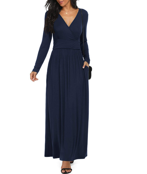 LILBETTER Women Long Sleeve Loose Plain Plus Size Maxi Dresses Casual Long Dresses with Pockets(Navy Blue X-Large)