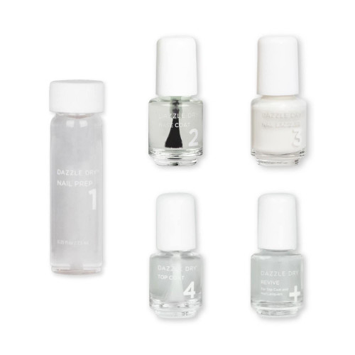 Dazzle Dry Nail Mini Kit 4 Step System - Poised, a semi-sheer iridescent, stark white with subtle pink iridescent shimmer. (5 Piece Kit)