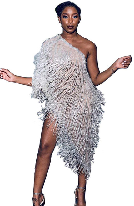 Hotheart Women's Off Shoulder Metallic Luster Tassel Bodycon Nightclub Party Prom Dress Hotheart Women's Off Shoulder Metallic Luster Tassel Bodycon Nightclub Party Prom Dress