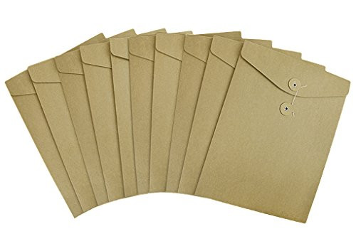 Pack 10 A4 Kraft File Bag Brown Paper Document Portfolio Pocket Organizer Folder Envelope with String & Button Closure