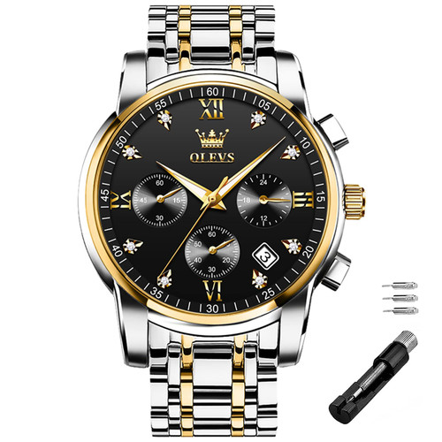 OLEVS Mens Wrist Watches, Analog Quartz Business Stainless Steel Waterproof Luminous Watches Luxury Casual Classic Glamour Big Diamond Dial Date Multi-Function Chronograph Watches for Men (Black)