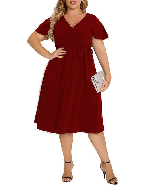 Agmibrelr Women's Plus Size Flutter Sleeve Dress Deep V Neck A-Line Swing Plus Size Midi Dresses Burgundy 2XL Agmibrelr Women's Plus Size Flutter Sleeve Dress Deep V Neck A-Line Swing Plus Size Midi Dresses Burgundy 2XL
