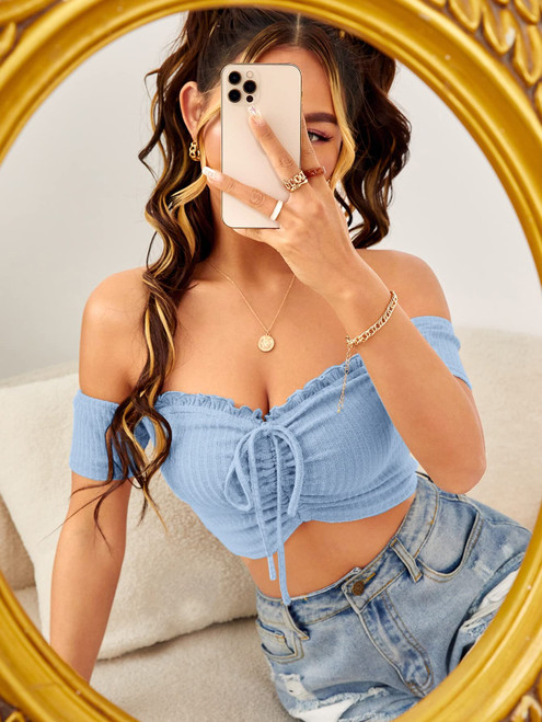 Womens Tops Off Shoulder Frill Trim Tie Front Crop Top (Color : Baby Blue, Size : Small)