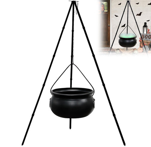 Cauldron Halloween Decor, Large Plastic Cauldron with Iron Tripod, Black Witches Cauldron Halloween Cauldron Large Outdoor Decorations with Green Lights for Outside (51 inch)
