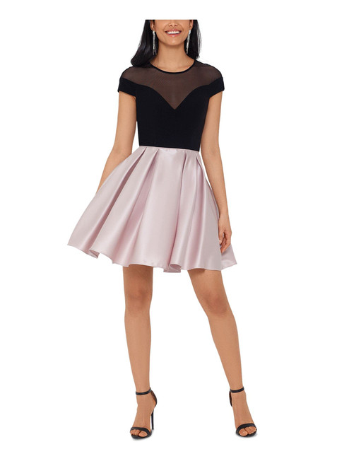 Betsy & Adam Womens Pink Pocketed Color Block Cap Sleeve Illusion Neckline Short Party Fit + Flare Dress 8