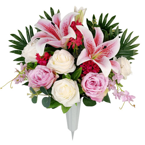 HENOMO Artificial Cemetery Flowers for Grave Vase? Headstone Silk Flower Arrangement, Graveside Decoration- Vibrant Pink Lily and Rose, Tombstone Memorial Bouquet with Vase