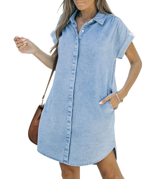 KDF Denim Dress with Pockets for Women Denim Button Down Shirt Jean Dresses for Women Denim 2023 Summer Light Blue Size Medium Size 8 Size 10