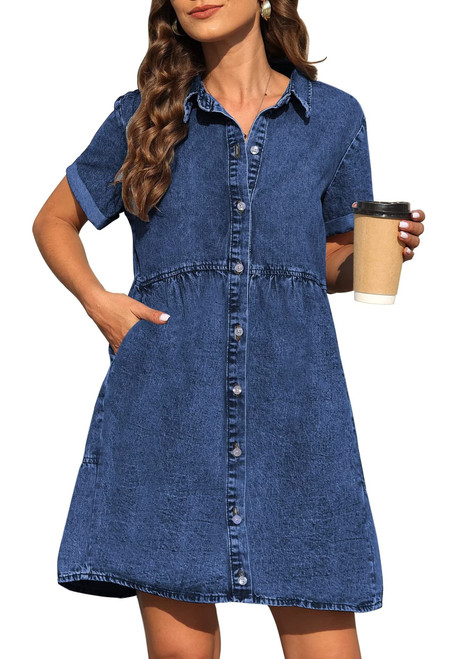 KDF Denim Dress for Women with Pockets Short Sleeve Babydoll Denim Shirt Dresses for Women 2023 Navy Blue