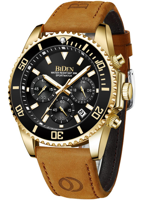 BIDEN Mens Watches Chronograph Brown Leather Waterproof Date Analog Quartz Watch Fashion Wrist Watches for Men Black