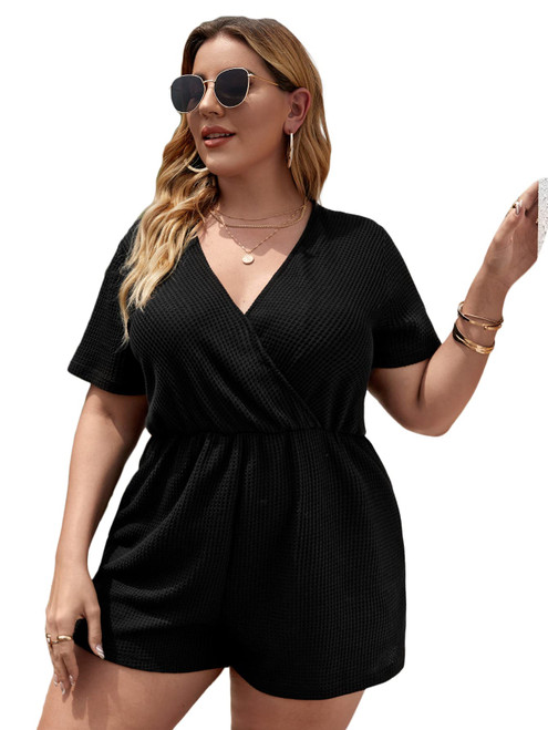SOLY HUX Women's Plus Size Surplice V Neck Short Sleeve Rompers Short Jumpsuit Black 4XL SOLY HUX Women's Plus Size Surplice V Neck Short Sleeve Rompers Short Jumpsuit Black 4XL