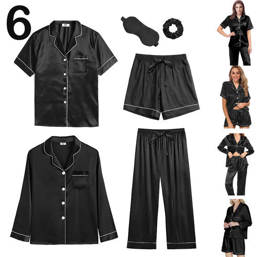 WJing Yi Jia 6Pcs Womens Silk Satin Pajamas Set Pajama Sets Pjs Set Button Down Pj Sets Sleepwear Loungewear Black