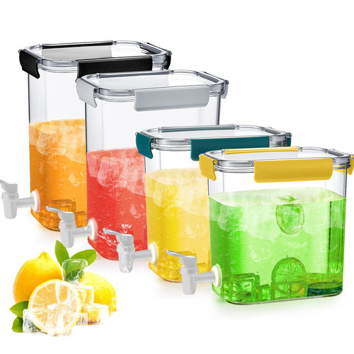 Uiifan 4 Pcs 1.2 Gallon 0.9 Gallon Plastic Drink Dispenser with Spigot Beverage Dispenser with Lock Lid Iced Juice Lemonade Dispenser Liquid Dispenser Water Container for Fridge Bar Party Iced Tea