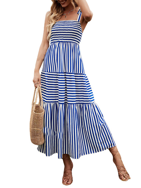 MakeMeChic Women's Striped Tie Shoulder Sleeveless A Line Camis Dress Ruffle Summer Long Dress Blue and White L
