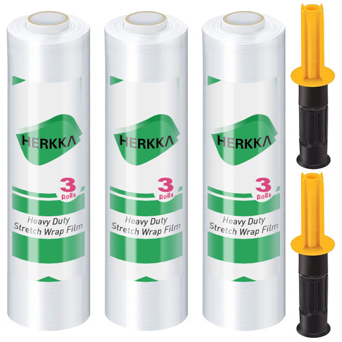 Stretch Film, HERKKA Stretch Wrap with Handles Industrial Strength, Moving Wrapping Plastic Roll, Stretch Wrap for Pallet Wrap, 15" x 1000 Feet, 3 Pack, 60 Gauge