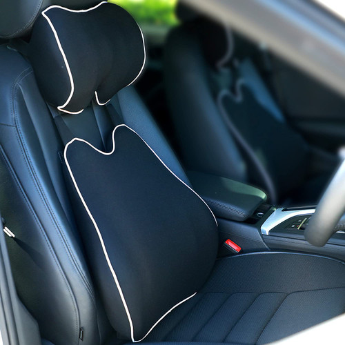 RaoRanDang Car Back Cushion Lumbar Support and Car Neck Pillow Kit, Memory Foam Ergonomic Seat Cushion for Lower Back Support Cervical Headrest, with Adjustable Strap, Black