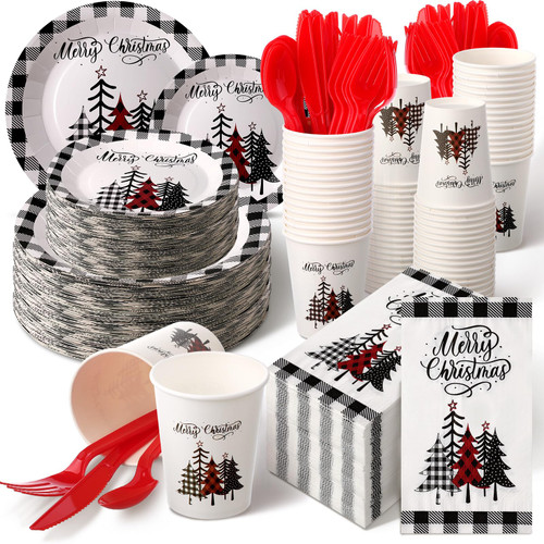 400 Pcs Merry Christmas Dinnerware Set Buffalo Plaid Xmas Tree Disposable Christmas Paper Plates and Napkins Set for 50 Guest Xmas Paper Cups with Knife Fork Spoon Tableware for Xmas Party Supplies