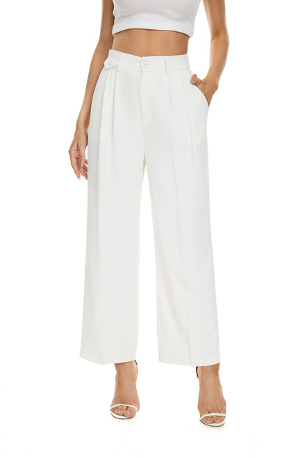 FUNYYZO Women Loose Pleated Front Cropped Pants Wide Leg Straight Trousers with Fake Pocket in The Waist (Medium, White) FUNYYZO Women Loose Pleated Front Cropped Pants Wide Leg Straight Trousers with Fake Pocket in The Waist (Medium, White)