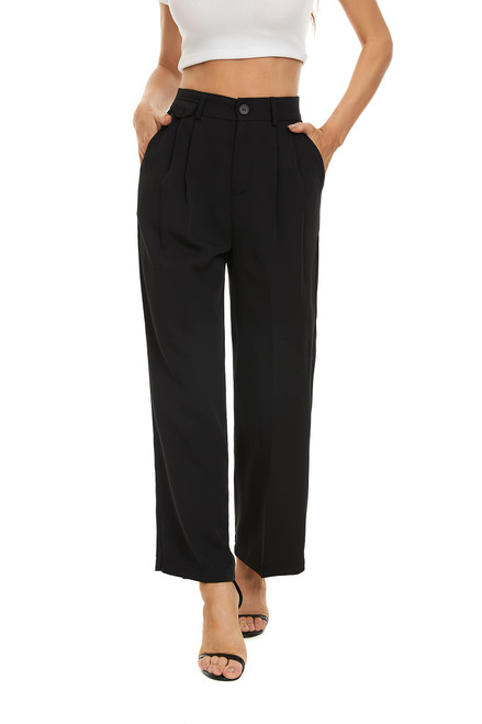 FUNYYZO Women Loose Pleated Front Pants Wide Leg Cropped Straight Trousers with Fake Pocket in The Waist Black FUNYYZO Women Loose Pleated Front Pants Wide Leg Cropped Straight Trousers with Fake Pocket in The Waist Black