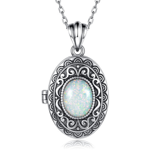 Sterling Silver Locket Necklace for Women: Oval-Shaped Opal Locket Pendant Holds Pictures Always with You Vintage Style Photos Locket Jewelry Gifts for Loved One (Sterling Silver Chain with Locket Pendant)