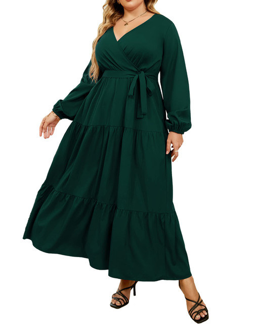 KOJOOIN Women Plus Size V Neck Wrap Maxi Dress High Waist Ruffle Summer Casual Dress with Belt Long Sleeve Green 3XL