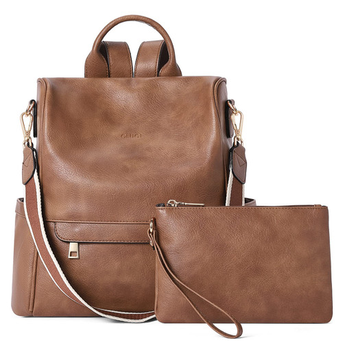 CLUCI Backpack Purse for Women Leather Fashion Large Designer Travel Work Shoulder Bags Ladies Daypack and Purse 2Pc Brown