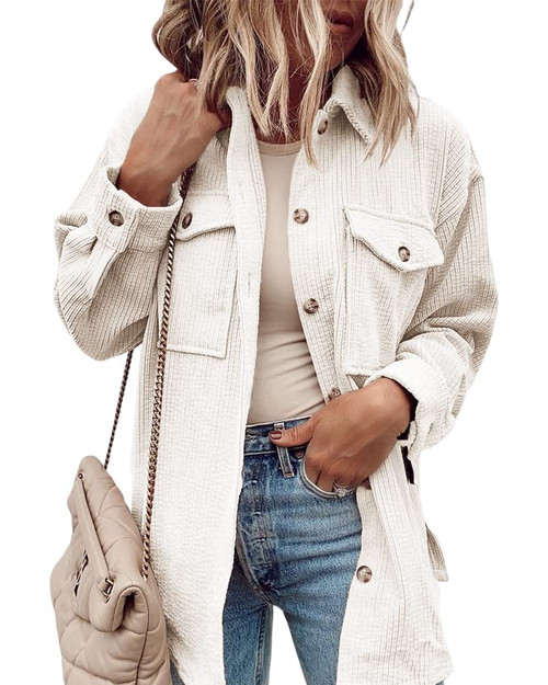 Cnkwei Womens Corduroy Button Down Shacket Casual Long Sleeve Chest Pocketed Shirt Jacket