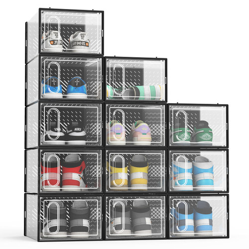 Hrrsaki XX-Large 12 Pack Shoe Storage Boxes, Shoe Boxes Clear Plastic Stackable, Shoe Organizer Boxes with Lids, Shoe Container Boxes for Closet, Black