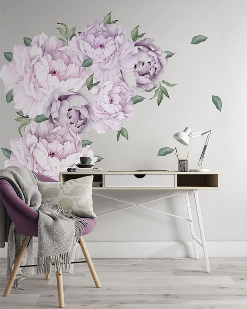 COCODECO Purple Peony Wall Decals Peel and Stick Removabe Floral Sticker Flowers