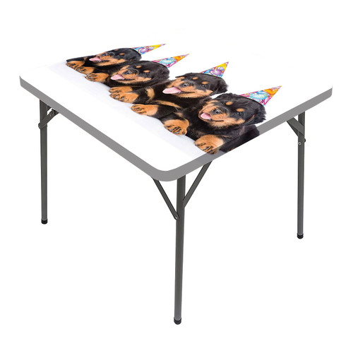 JUNTAIY Birthday Elastic Square Tablecloth, Rottweiler Puppies with Party Cone Hats Art Elastic Table Cover Square, Fits 52x52 inch Table, for Restaurants Picnic Patio Outdoor Party Decor