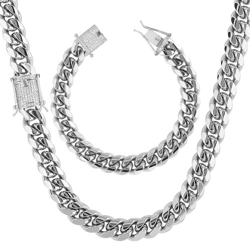 putouzip Miami Cuban Link Chain Set For Men 18K Gold Plated Stainless Steel 10/12mm Curb Bracelet Necklace Diamond Chains(10mm Ellipse Silver Set, 20inch)