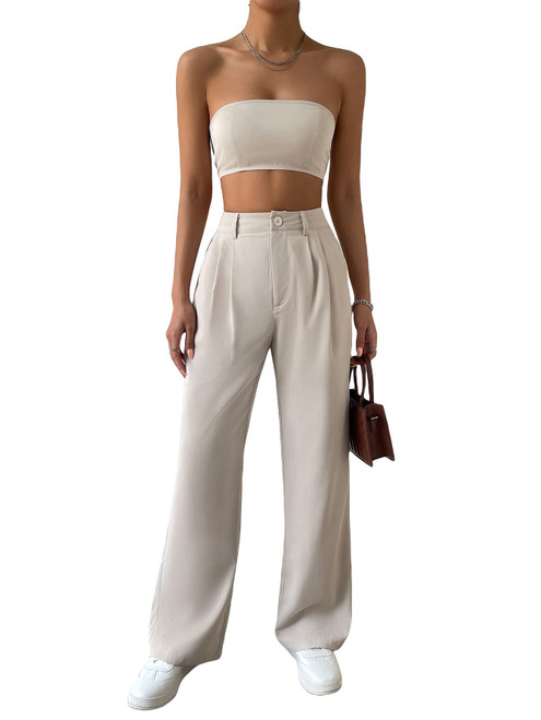 MakeMeChic Women's 2 Piece Outfits Bandeau Tube Crop Top and Straight Leg Pants Set Beige S