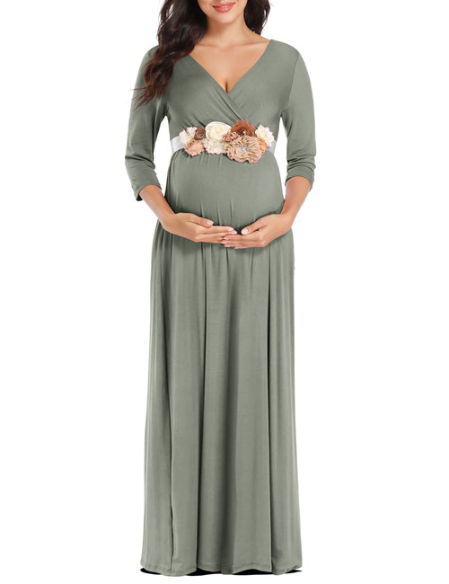 KIM S Maternity Dress Maternity Dresses Long Sleeve Maternity Dress Maternity Dress for Photoshoot Maternity Dresses for Baby Shower Fall Maternity Dress Maternity Summer Dress (Grey Green XL)