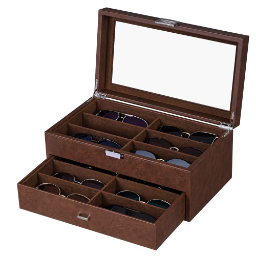 BEWISHOME Sunglasses Organizer, 12 Slots Sunglasses Case for Women Men, Eyeglasses Eyewear Display Case with Clear Glass Top, Faux Leather,Brown SSH48Z