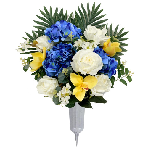 HENOMO Cemetery Flower with vase for Grave Decorations -Tombstone Artificial Silk Flower Arrangement - Vibrant Blue and White Roses Headstone Memorial Bouquet Easy to Fit