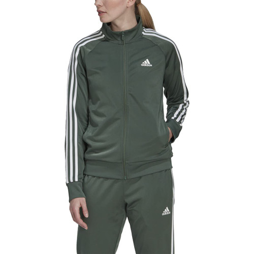 adidas Women's Essentials Warm-Up Slim 3-Stripes Track Jacket, Green Oxide/White, Small